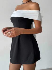 SHEIN PETITE CURVE 大码女式撞色露肩蝴蝶结装饰时尚连衣裙 - 黑與白 - 查看 4