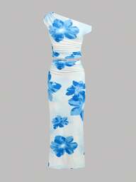 SHEIN Girlism Blue Knitted Sleeveless Co-Ord With Asymmetrical Neck For Vacation Style Blue Floral Dress Hawaii Outfits Island Girl Outfit Summer Outfits