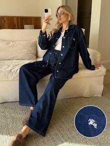 MaterniWear 2pcs Maternity Casual Denim Shirt And Pants Set Valentine's Day Vacation Outfits Women Carnaval Summer Spring Commuting Graduation Chic Y2k Cute Streetwear Party Wedding Elegant Business Casual Woman - Blue - View 10