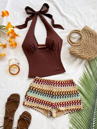 Soleia 2pcs Women's Vacation Set: Brown Knit Halter Tie Crop Top And Vintage Colorful Crochet Striped High Waisted Shorts, Casual Outfit For Beach, Cruise, Road Trip, Music Festival, Party, Boho, Hippie, Western Style, Can Be Worn Inside Or Outside, Suitable For All Seasons, Daily Commute