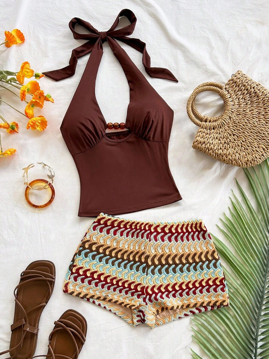 Soleia Bộ đồ đi nghỉ mát 2 món dành cho nữ: Áo croptop buộc dây cổ màu nâu dệt kim và quần short cạp cao kẻ sọc nhiều màu sắc kiểu vintage, trang phục thường ngày cho bãi biển, du thuyền, du lịch đường bộ, lễ hội âm nhạc, tiệc tùng, phong cách Boho, Hippie, phương Tây, có thể mặc trong nhà hoặc ngoài trời, phù hợp cho mọi mùa, đi làm hàng ngày. - Nhiều màu - Xem 1