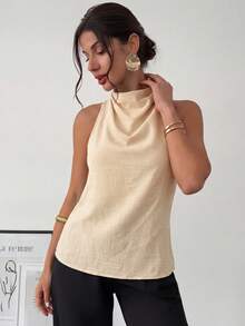 Firerie Áo kiểu dáng thanh lịch, năng động, cổ điển, hiện đại, không tay, cổ yếm, hở lưng, đính nơ, màu đen, phù hợp cho công sở, mùa xuân/hè. - Màu Khaki - Xem 9