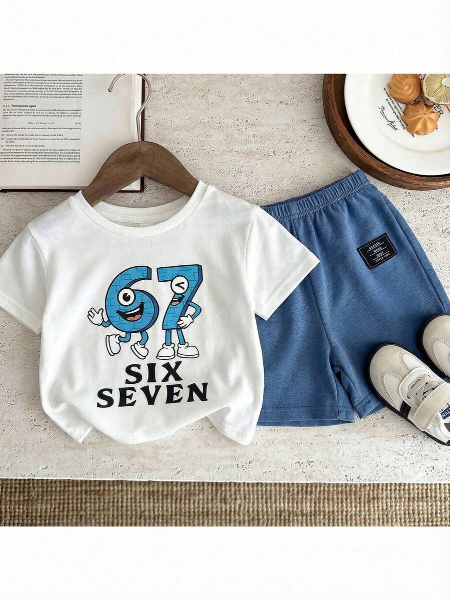 SHEIN 2pcs/Set Baby Boy/Girl Casual Cute Crayon Animal Print Loose Round Neck Knit Top T-Shirt And Shorts Set, Suitable For Spring/Summer Wear - Multicolor - View 1