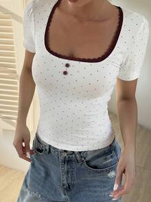 Livesso 女士波点蕾丝镂空方领短袖休闲街头度假白色打底T恤，春夏款 - 白色 - 查看 4