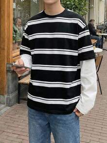SWAVVY Men's Casual Commuting Fashion Street Contrast Stripe Print 2 In 1 Long Sleeve T-Shirt, Spring/Autumn,Streetwear - Black and White - View 2