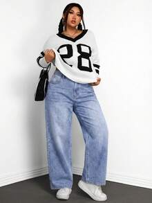 SHEIN ICON Jeans de mezclilla vintage lavados para mujer de talla grande, otoño/invierno - Azul - Ver 5