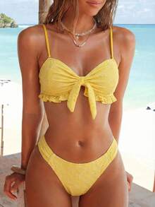 Swim Vcay Spring/Summer Solid Color Strap Jacquard Fabric Wireless Bow Decor Cute Beach Vacation Swimsuit Set