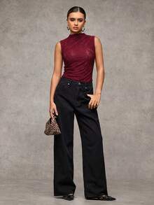 SHEIN BAE 黑色蕾丝无袖露肩褶皱连体衣，秋季，万圣节 - 酒紅色 - 查看 5