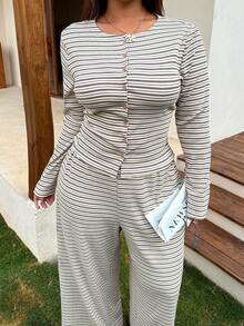 SHEIN EZwear 大码条纹上衣和裤子两件套，适合春秋季休闲穿着 - 彩色 - 查看 3