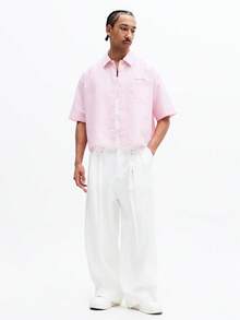 SUMWON Crop Fit Short Sleeve Button Down Shirt With Vertical Stripes And Collared Neckline For Casual Summer Occasions - Pink - View 3