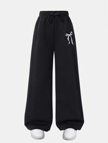 Sparklyn Girls' Wide Leg Pants With Bow Waist, Butterfly Print, Fashion Casual Sports Bottoms, Grey, Back To School - Black - View 1