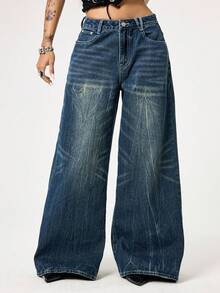 ROMWE Grunge Punk Y2K朋克风做旧蝴蝶刺绣复古水洗宽松阔腿裤 - 藍色 - 查看 3