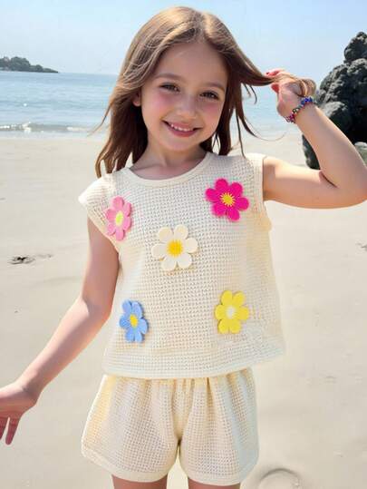 Young Girls' Casual Comfortable Round Neck 3D Floral Decor Short Sleeve T-Shirt And Shorts Set, Girls Outfit, New