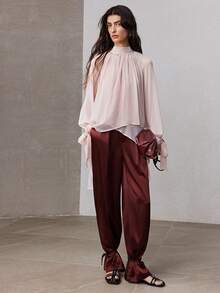 ZEYLAH Mandarin Collar Ruched Asymmetrical Hem Romantic Blouse, Spring - Baby Pink - View 4