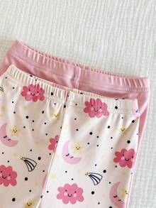 4pcs Baby Girls' Minimalist Cute Pink & Beige Star, Moon, Cloud Print Elastic Rib Knit Crew Neck Short Sleeve Top And Pants Snug Fit Pajama Set - Pink - View 5