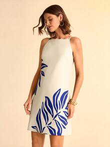 CAJUNI 女士波西米亚热带植物叶子印花棕色吊带迷你连衣裙，图案 - 藍色 - 查看 3