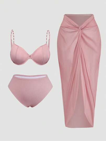 Swim Oasis 2026 New Summer Beach Vacation Elegant Plus Size 3-Piece Swimsuit Set, Beaded Strap Outer Wear Slimming, Fashionable & Graceful Pink Plus Size Swimsuit Set