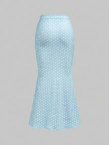 ROMWE Kawaii 女士夏季套装，2件套，V领蝴蝶结装饰撞色波点蕾丝拼接修身上衣和裙子 - 藍色 - 查看 6