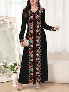 Al Najma 优雅V领印花针织长袖连衣裙，可单穿或作为内搭，适合约会、度假、日常、休闲、派对、节日等场合，黑色长款连衣裙，飘逸连衣裙，印花长款连衣裙，复古连衣裙，植物印花连衣裙 - 黑色 - 查看 4