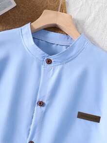 青少年男童休闲立领梭织衬衫，适合夏季及学校场合：日常上课、社团活动、户外轻运动，简约版型，易于搭配 - 藍色 - 查看 4