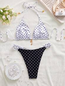 Swim Mod 女士夏季新款海滨度假时尚甜美可爱撞色波点印花双面露背系带性感比基尼套装 - 黑與白 - 查看 5