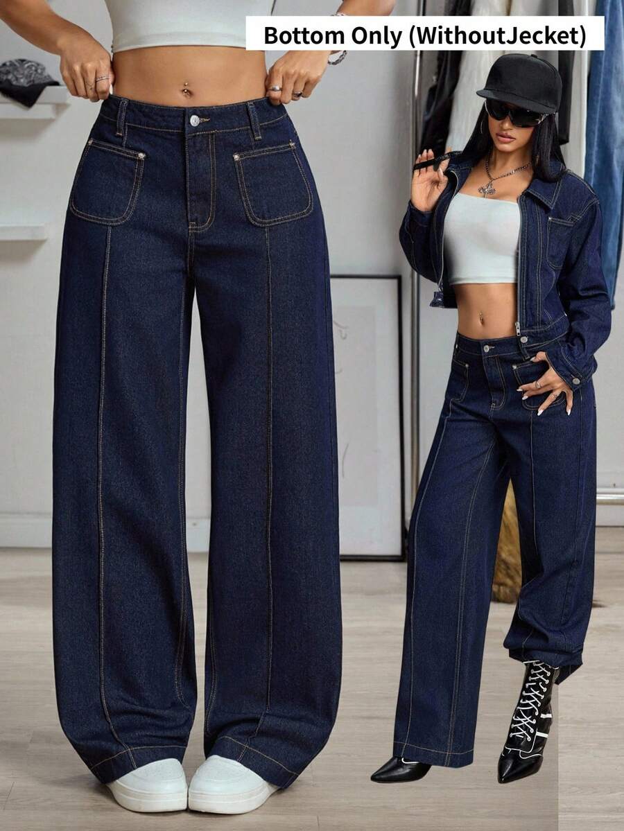 SHEIN Unity Y2K Fashion Patch Pocket Washed Relaxed Straight Leg Jeans - Dark Wash - View 1