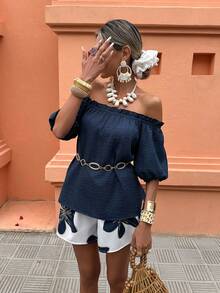 Selianne Women's Off Shoulder Blouse And Printed Shorts 2-Piece Set, Casual Holiday Outfit - Blue and White - View 6