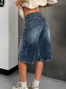 EURMUSE 女士带口袋阔腿宽松休闲百搭牛仔百慕大短裤 - 中等水洗藍 - 查看 2