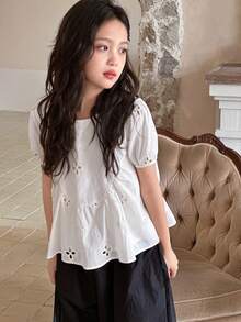 Dazy Kids Tween Girl Eyelet Embroidery Puff Sleeve Peplum Top - White - View 4