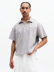 SUMWON Geometric Patterned Short Sleeve Collared Polo Shirt With Partial Button Placket Classic Casual Summer Style Regular Fit Men - Grey - View 1