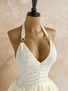 Soleia 浪漫度假风露背针织网纱蓝色印花连衣裙（女款） - 杏色 - 查看 3