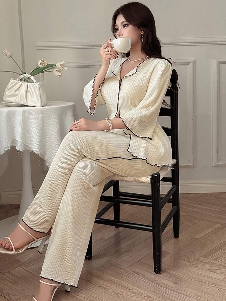 Spring & Summer Elegant Casual Vacation Striped Decor Loose Top And Straight Pants Set, Suitable For Commuting, Old Money Style Women 2-Piece Outfit