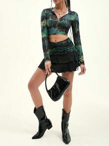 SHEIN EZwear 紮染金屬圓環拉鍊連帽短夾克和褶邊木耳邊側抽繩半身裙 - 彩色 - 查看 3