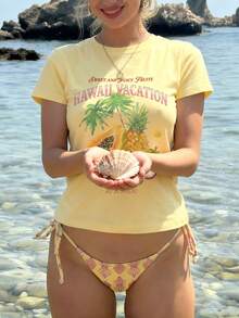 Sundraya 夏威夷度假水果印花短袖露脐T恤，浅黄色休闲海岛风 - 黃色 - 查看 5