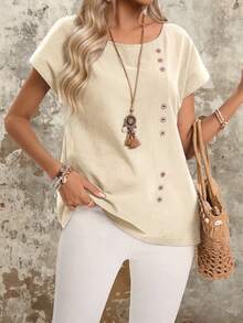 EMERY ROSE 纽扣细节圆领蝙蝠袖休闲衬衫 女士夏季纯棉衬衫 - 卡其色 - 查看 4