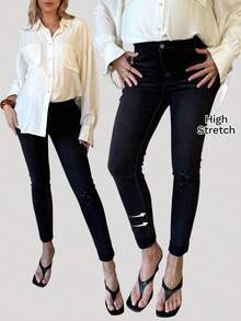 SHEIN 孕妇休闲高腰口袋紧身牛仔裤 春夏情人节嘉年华服装通勤度假毕业时尚Y2K可爱街头风派对婚礼优雅商务休闲女式黑色紧身牛仔裤高腰牛仔裤极简风格弹力牛仔裤日常黑色牛仔裤百搭黑色牛仔裤 - 黑色 - 查看 7