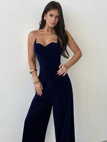 Firerie 女士优雅、精致、浪漫、性感、独特的时尚新年、情人节、节日派对、舞会不对称设计高腰丝绒酒红色阔腿连体裤 - 藏蓝色 - 查看 5