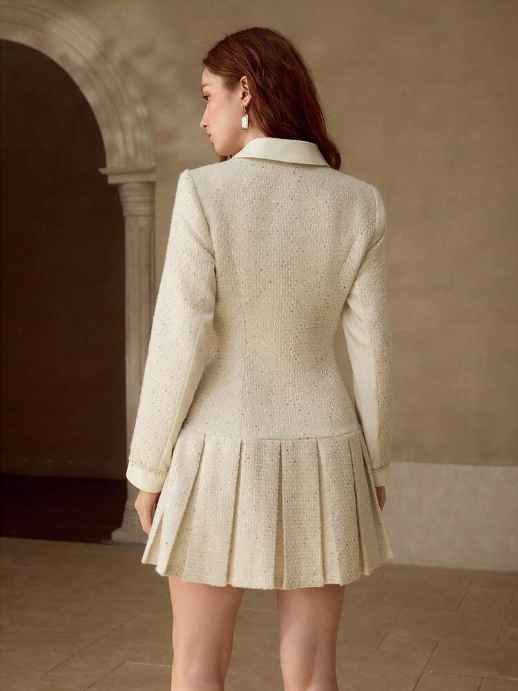 WOMEN'S TWEED CONTRAST PLEATED HEM DRESS