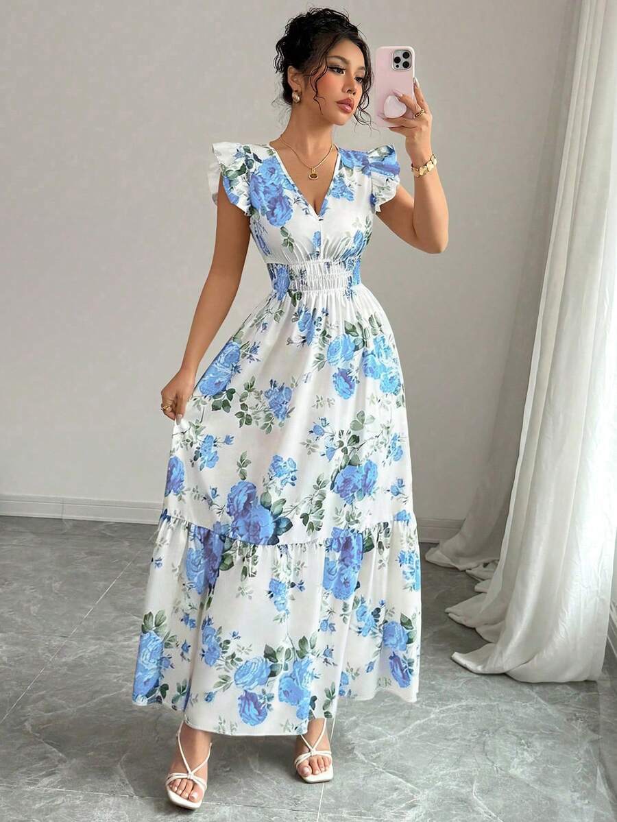 Rafferiza Abito da donna con scollo a V, stampa floreale romantica e balza sul fondo - Blu e Bianco - Visualizzare 1