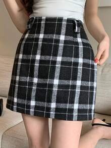 DAZY 女士格子迷你裙，春秋季休闲款 - 深灰色 - 查看 6