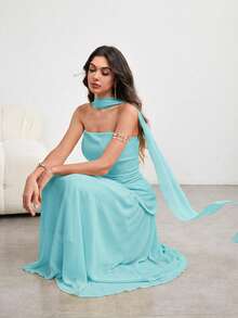 Vestido de mujer con volante asimétrico en el bajo y cuello halter, elegante y encantador, color amarillo claro, para primavera/verano - Azul Agua - Ver 4