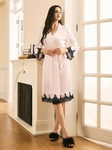 Moireta Conjunto de bata y camisón de dormir con ribete de encaje de color contrastante para mujer - Champán - Ver 5