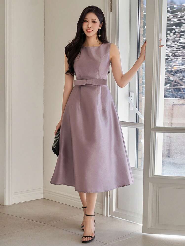 Women's Elegant Solid Color Round Neck Sleeveless Long Dress, Summer Wedding Guest Dress Sundress Cocktail Dress