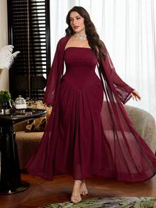 Modelyn Vestido maxi ajustado de unicolor con cintura fruncida + Cárdigan suelto de manga larga de gasa de unicolor, talla grande, primavera/otoño - Burdeos - Ver 5