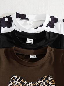 SHEIN 6pcs/Set Baby Girls Newborn Toddler 0-3 Years Spring Summer New Cute Bunny Solid & Striped T-Shirt Shorts Outfit Set - Black - View 4