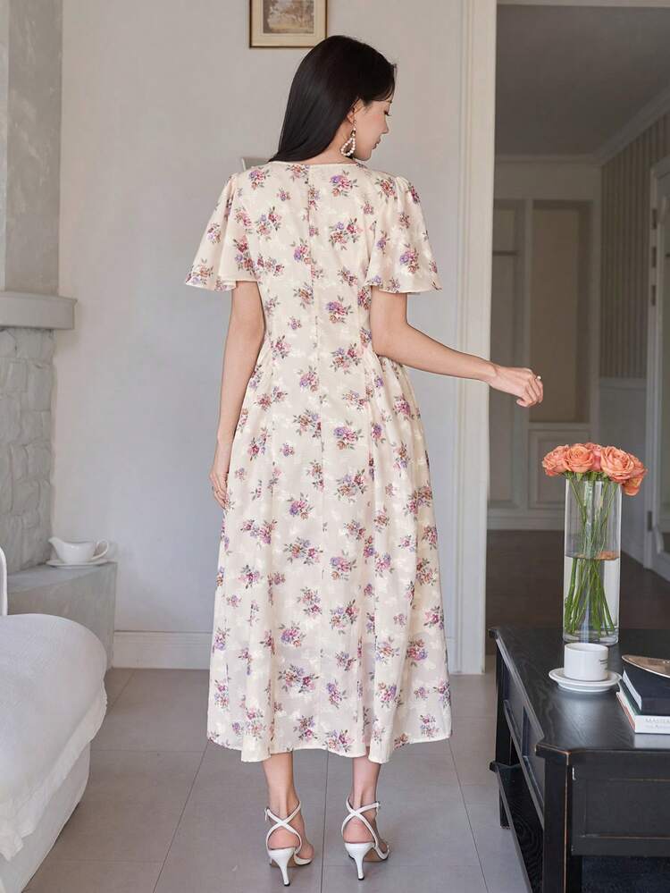 Women's Elegant Floral Print Square Neck Puff Sleeve Midi Dress, Summer Wedding Guest Dress Sundress