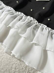 Girls' Black Sleeveless Elegant Beaded Contrast Ruffle Hem Party Dress - Black and White - View 5