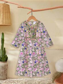 [1 Piece]4-7 Year Old Girl Lavender Middle Eastern Forest Style Floral Pattern Gold Border Long Sleeved Dress For Autumn,Family Matching,Wedding Guest - Multicolor - View 4