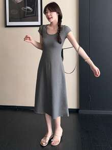 DAZY Women's Solid Color Round Neck Short Sleeve Dress Maxi Dress Sundress - Grey - View 2