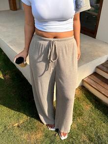 SHEIN EZwear 大码女式纯色系带阔腿休闲裤，秋冬款 - 卡其色 - 查看 1